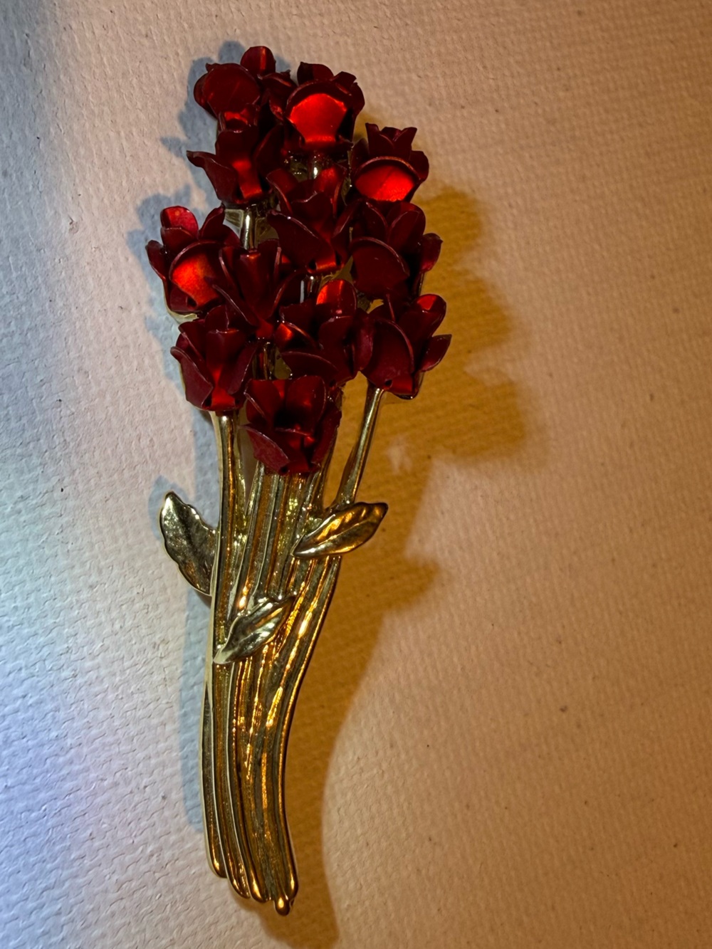Gold-Tone Bouquet Brooch with Deep Red Enamel Flowers